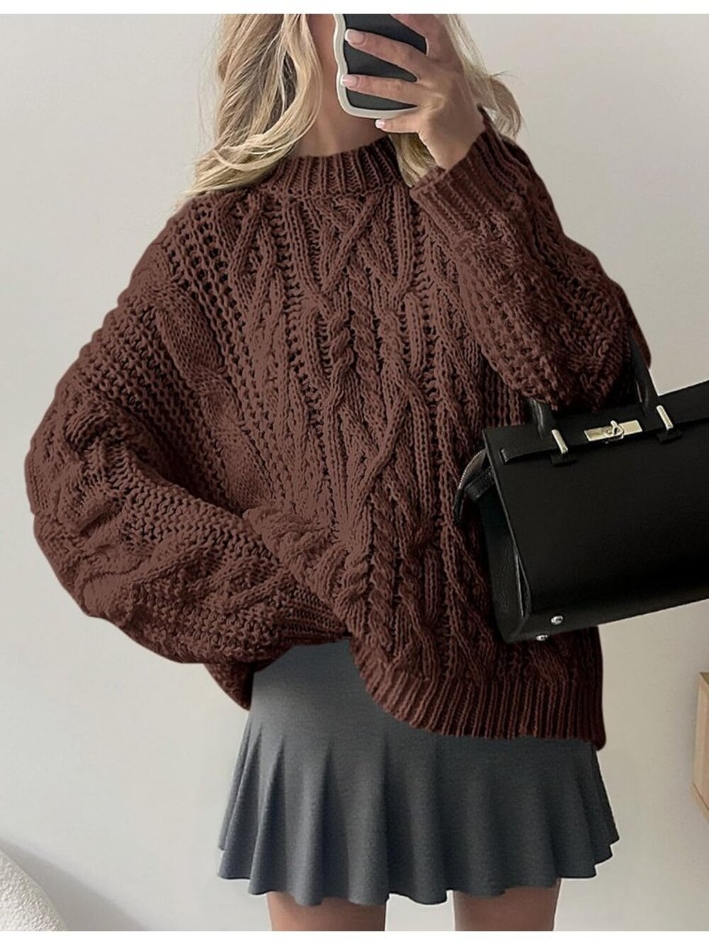 Women's Coffee Cozy Long Sleeve Loose Fitting Classic Crew Neck Fall Sweaters - Picture 6 of 6